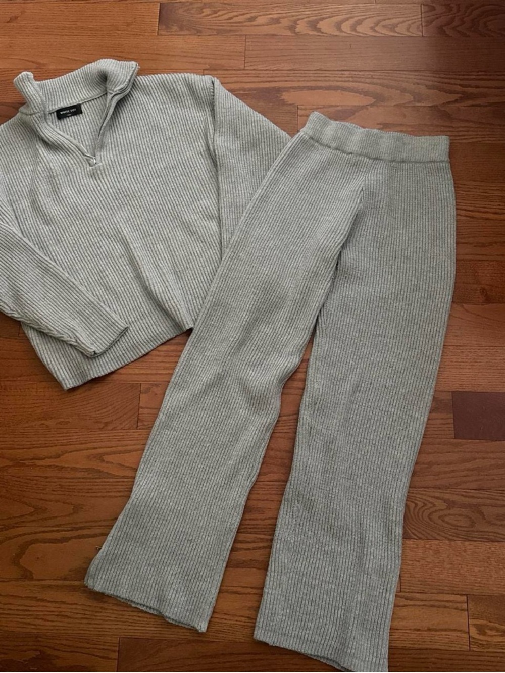 White Fox Boutique Ribbed Wide-Leg Knit Pants in Light Gray